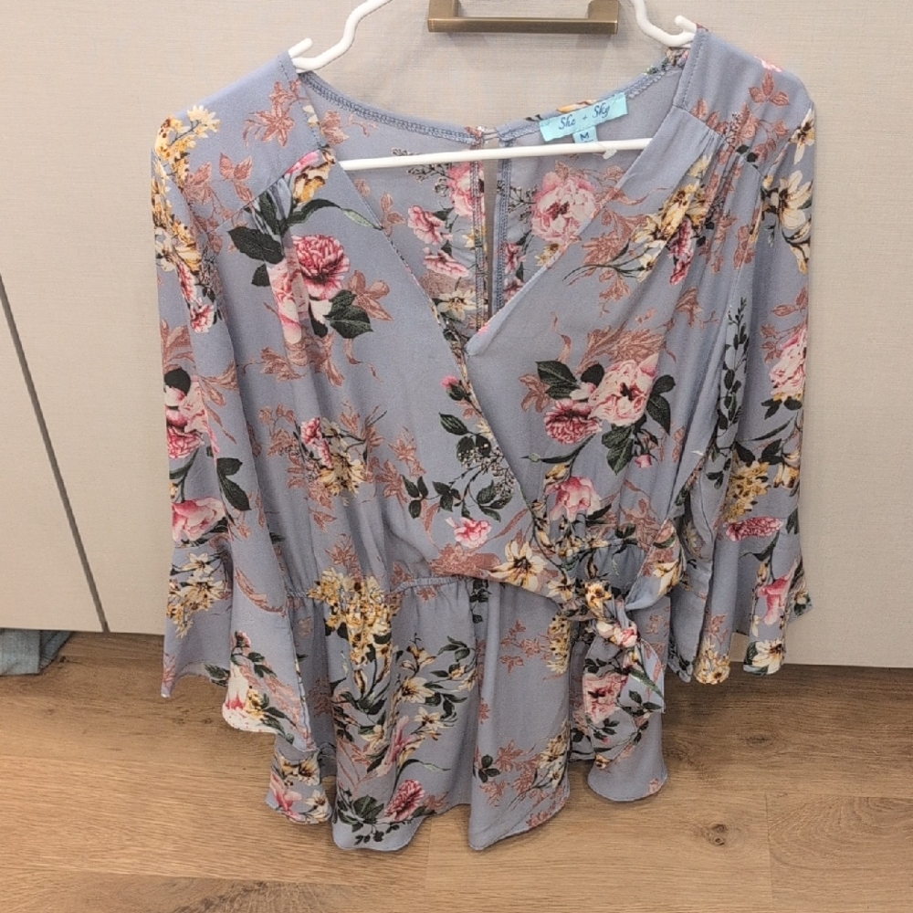 She + Sky Floral Long Sleeve Dress in Gray and Pink